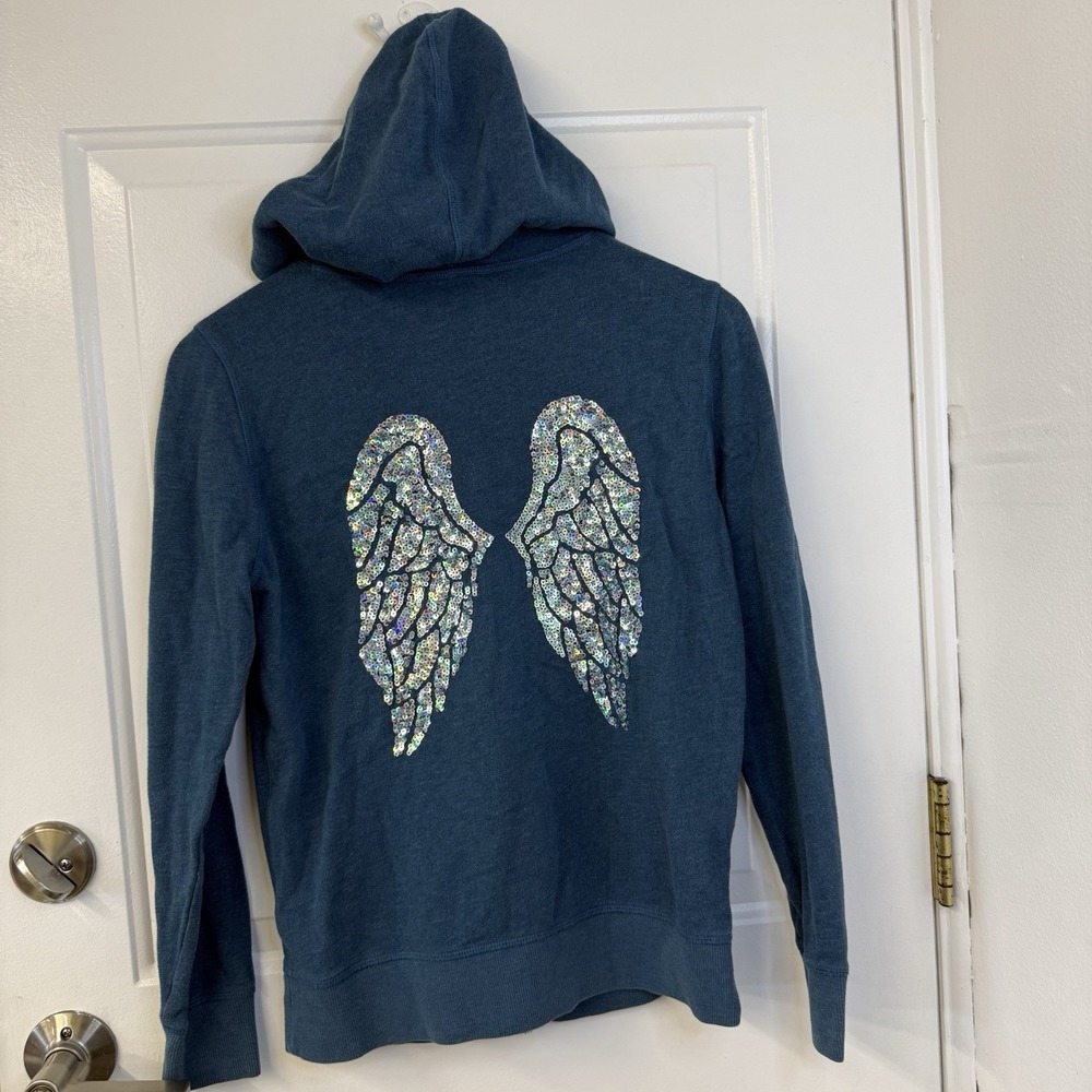 Y2K VICTORIA SECRET Angel Wings Sequin Zip Up Hoodie Bling Blue Size XS